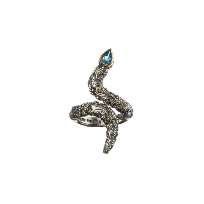 Ring in 18K solid Yellow Gold and sterling silver with faceted semi precious stone 4x6mm teardrop.Eden's Garden Snake ring in 18K Gold and Sterling Silver with blue topaz