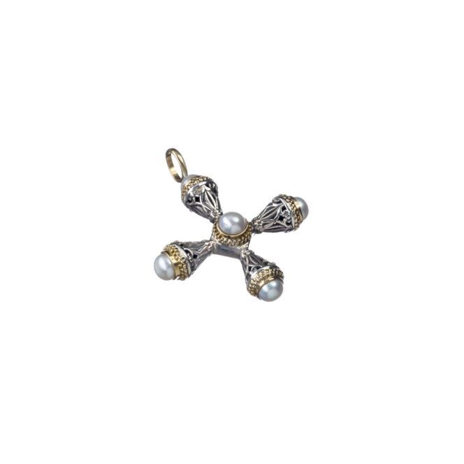 Santorini cross in 18K Gold and Sterling Silver with freshwater Pearls - Image 3