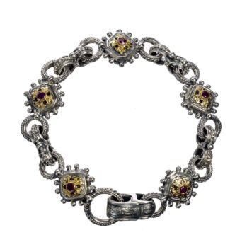 Bracelet in 18K solid Yellow Gold and sterling silver with rubies.Byzantine Bracelet in 18K Gold and Sterling Silver with rubies