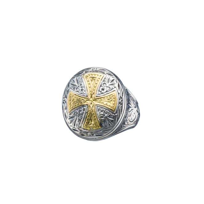 Ring in 18K solid Yellow Gold and sterling silver.Byzantine Ring oval with cross in 18K Gold and Sterling Silver