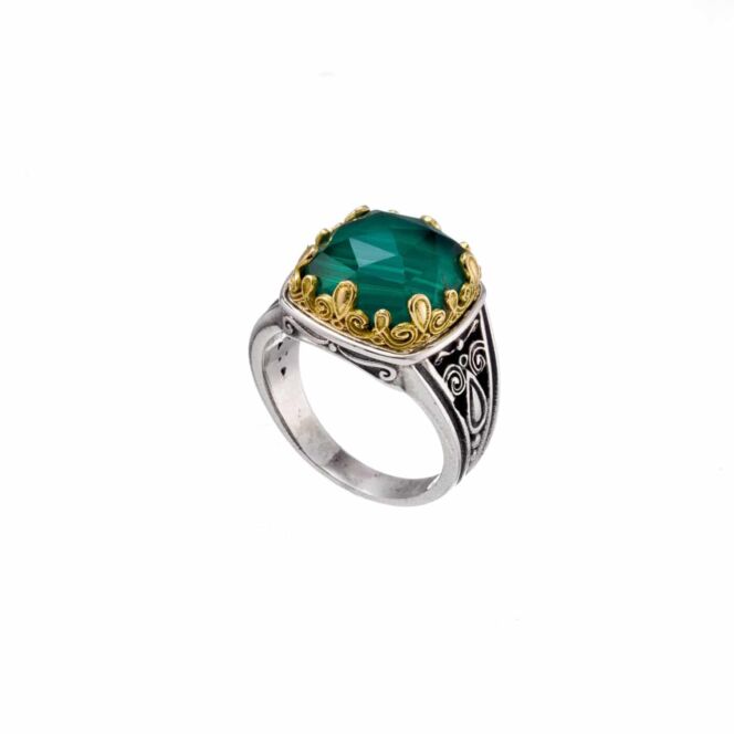 in 18K solid Yellow Gold and Sterling Silver.Earrings and Ring with Malachite doublet Stones in 18K Gold and Sterling Silver