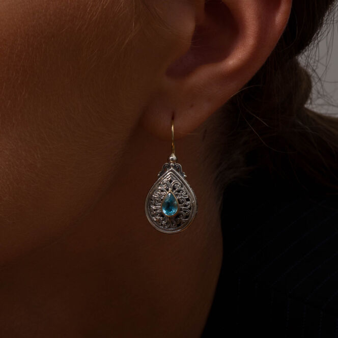 Mediterranean drop earrings in 18K Gold And Sterling Silver with blue topaz - Image 2