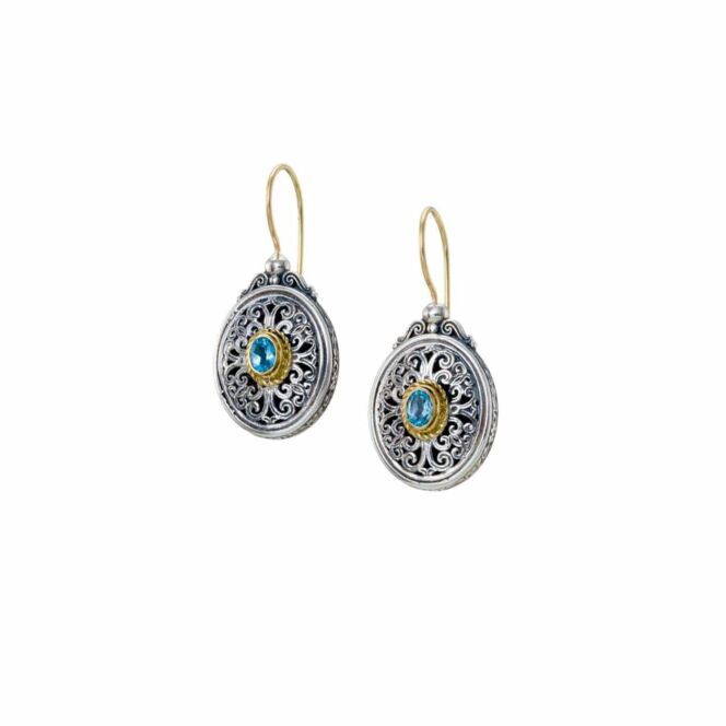 Earrings in 18K solid Yellow Gold Sterling Silver with semi precious stones 3x4mm oval.Mediterranean oval earrings in 18K Gold and Sterling Silver with blue topaz