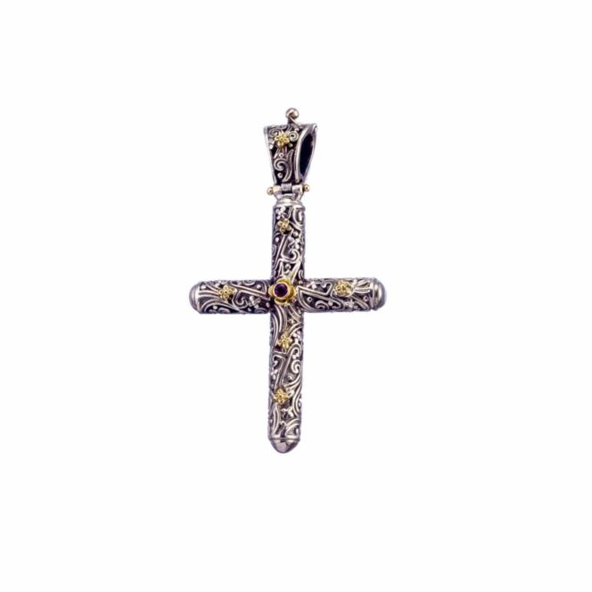 Cross in sterling silver with 18K solid Yellow Gold and ruby.Eden's Garden Eve Cross in Sterling Silver with Gold K18 and Ruby