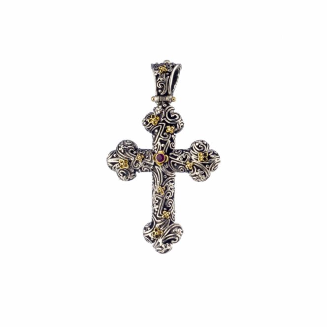 Cross in sterling silver with 18K solid Yellow Gold and ruby.Eden's Garden Eve Cross in Sterling silver with Gold K18 and Ruby