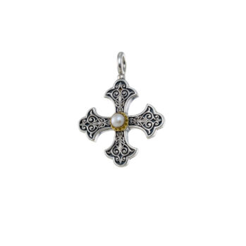Cross in sterling silver with 18K solid Yellow Gold details and a semi precious stone or freshwater pearl.Aretousa Cross in sterling silver with 18K Gold and Pearl