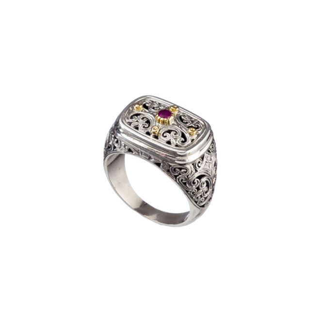 Ring in 18K solid Yellow Gold and sterling silver with ruby.Mediterranean Ring in 18K Gold and Sterling Silver with Ruby