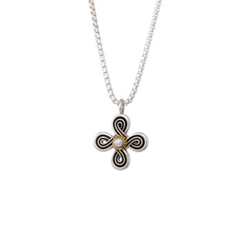 sterling silver and 4mm pearl.Infinity cross in 18K Gold and sterling silver with Pearl