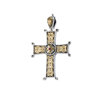 Cross in 18K solid yellow Gold and Sterling silver with ruby.Erotokritos and Aretousa Cross in 18K Gold and Sterling silver with ruby