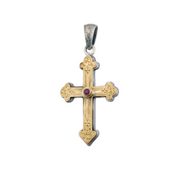 <p style="text-align: left;">Cross in 18K solid Yellow Gold and Sterling Silver with ruby.</p>Byzantine Cross in 18K Gold and Sterling Silver with ruby