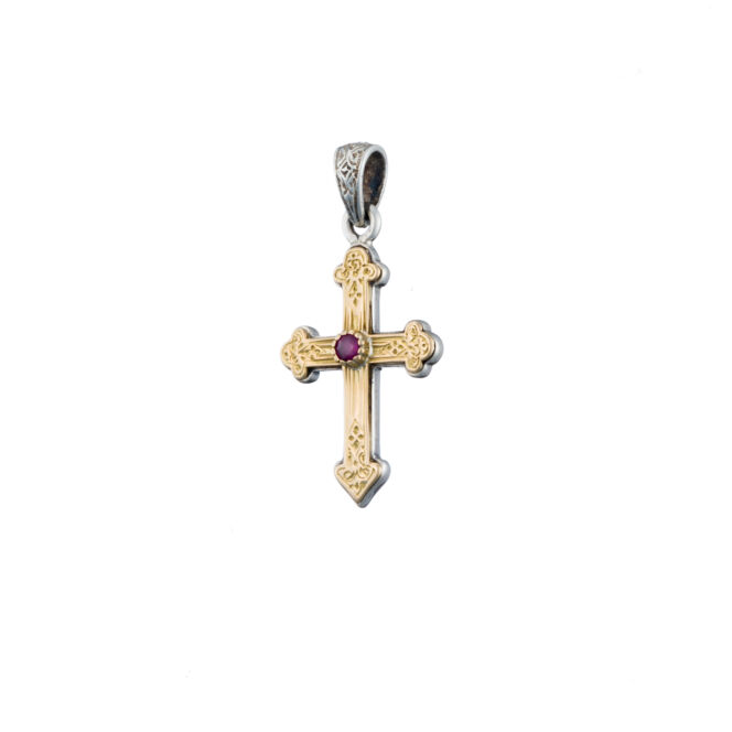 Cross in 18K solid Yellow Gold and Sterling Silver with ruby.Byzantine Cross in 18K Gold and Sterling Silver with ruby