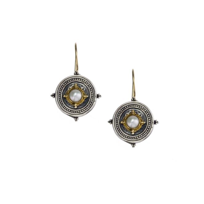 Earrings in 18K solid Yellow Gold and Sterling silver with semi precious stones 4mm.Cyclades round earrings in 18K Gold and Sterling silver