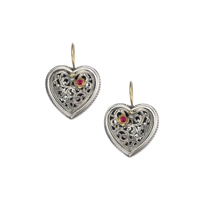 Garden Shadows Heart Earrings in 18K Gold and Sterling Silver with Ruby - Image 5