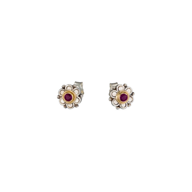 sterling silver and rubies.Stud flower Earrings in 18K Gold and Sterling Silver with ruby