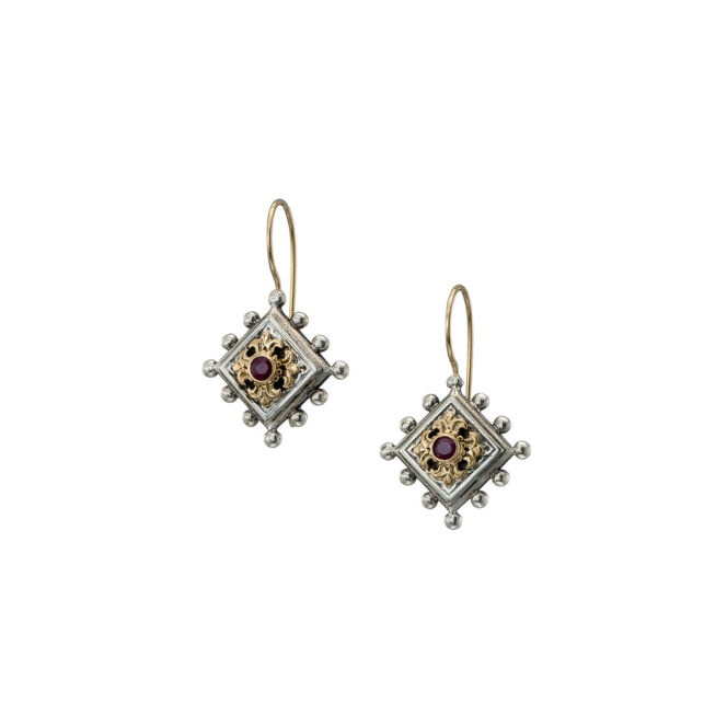 Earrings in 18K solid Yellow Gold and  sterling silver with  ruby.Byzantine earrings in 18K Gold and Sterling Silver with ruby